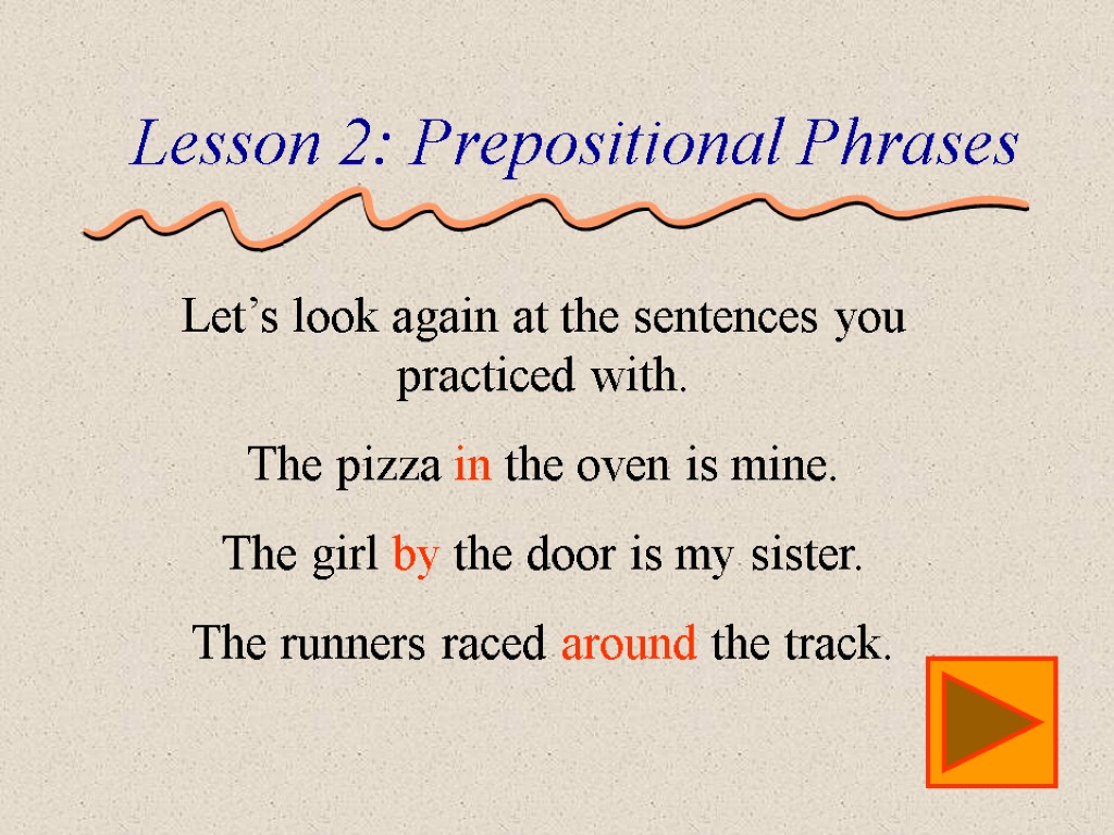 Let’s look again at the sentences you practiced with. The pizza in the oven